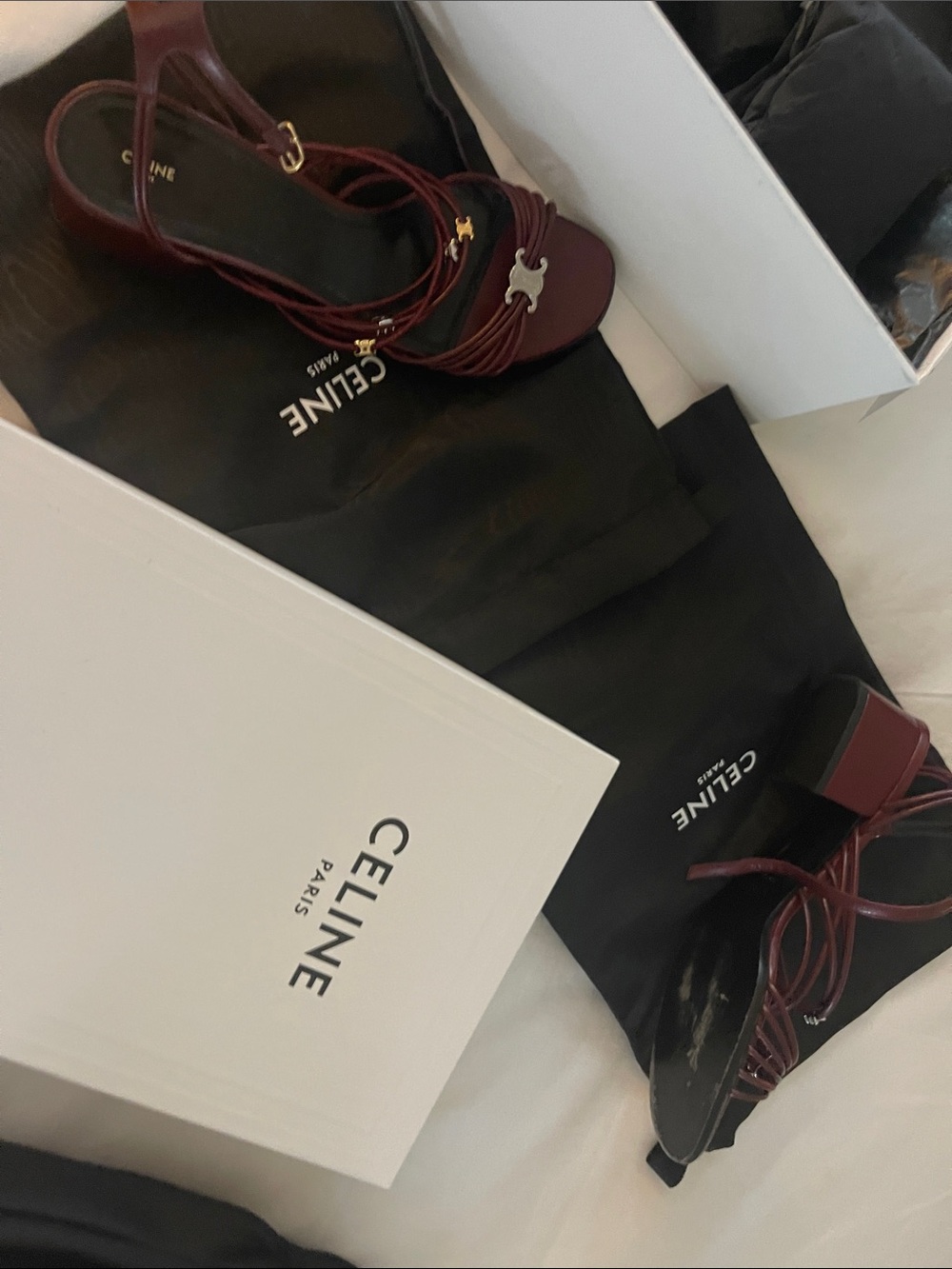 Celine Burgundy Multi‑Strap Leather Sandals with Gold Logo - Picture 3 of 3